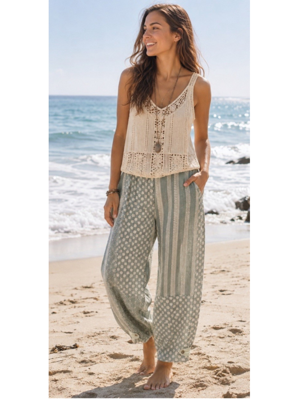 Zara Patchwork Barrel Leg Embroidery Pants XL Green Cotton Pockets Boho Festival